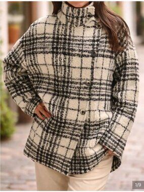 Peruvian Connection Women's Sz M Elliott White Black Boucle Plaid Alpaca Coat